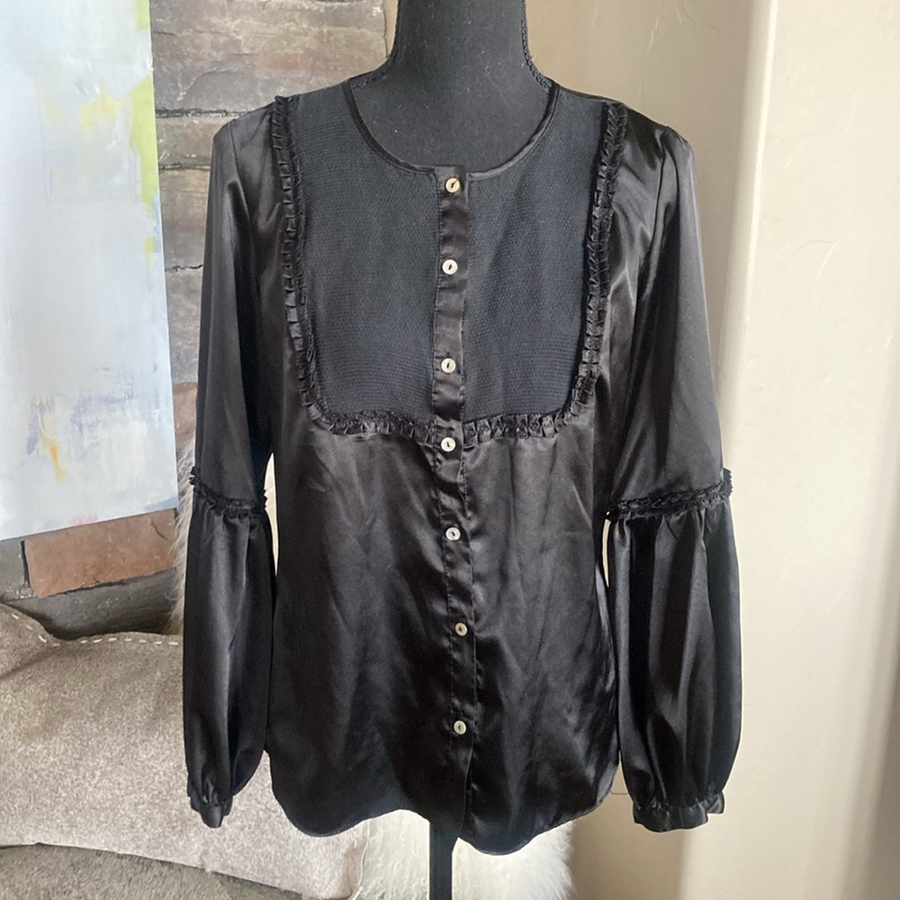 Max Studio Y2K Black Satin Pirate Poets Peasant Blouse